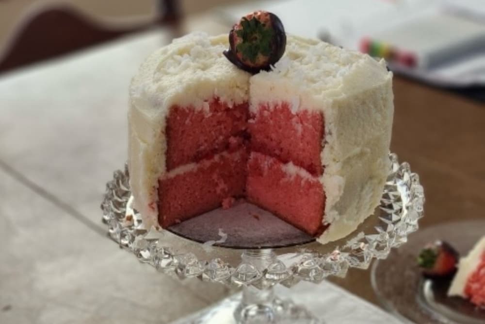 A two-layer cake with pink sponge and white frosting, displayed on a glass cake stand.